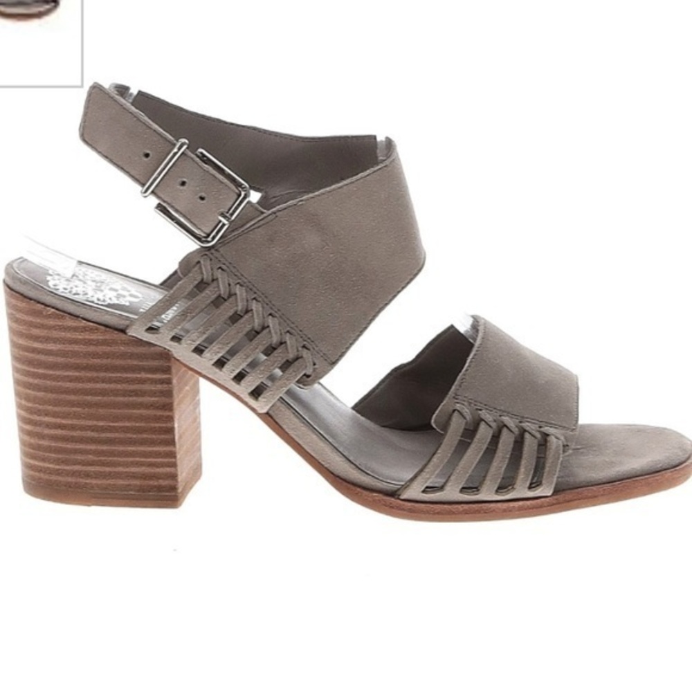 Vince Camuto Taupe Leather Block Heel Sandals